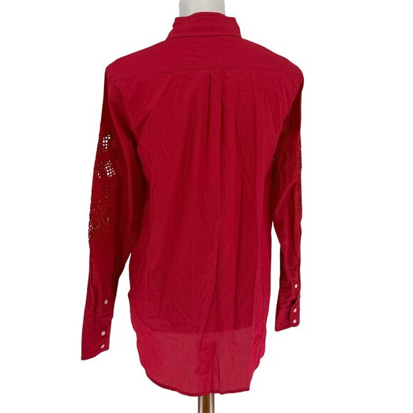 Dear John Womens Red Long Sleeve Button-Up Blouse With Floral Crochet Design Siz - Picture 2 of 5